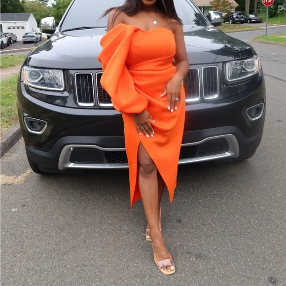 Gorgeous orange one shoulder ASOS wrap tuck pencil dress in orange flame